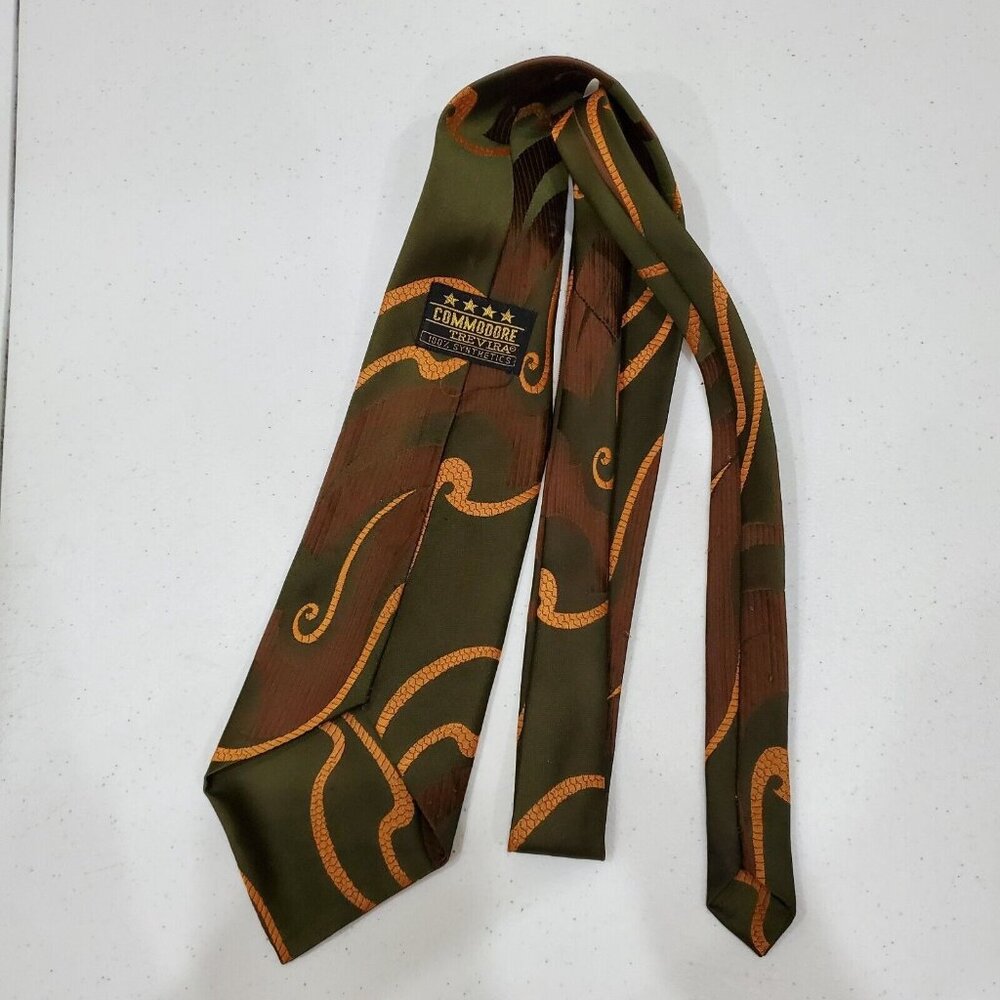 Commodore Trevira Mens  Dress Tie Golden Brown Green Geometric Print - Picture 3 of 3